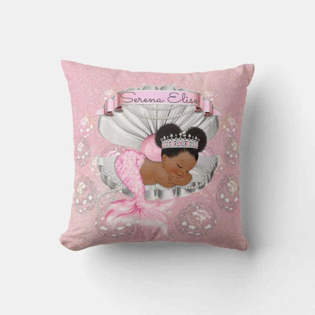 Coussin Sirène Afro-Américaine Bébé Rose Coquille Perles (Recto)