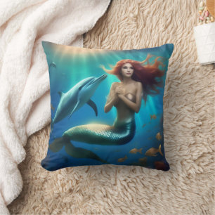 Coussin Sirène Angélique Nageant Avec Dauphins,
