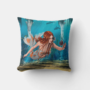Coussin Sirène aux Cheveux Rouges Art Fantastique Sous-Mar