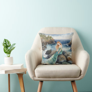 Coussin Sirène D'Aquarelle Sur Les Rochers Océaniques