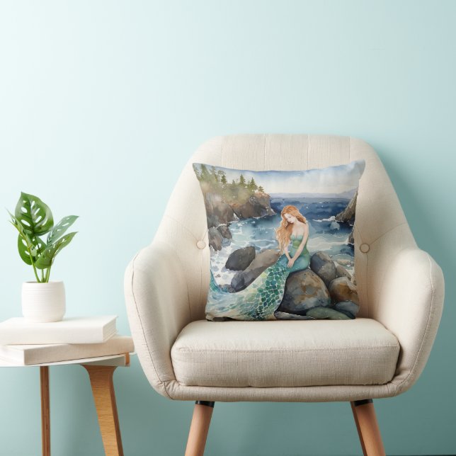 Coussin Sirène D'Aquarelle Sur Les Rochers Océaniques (Chaise)