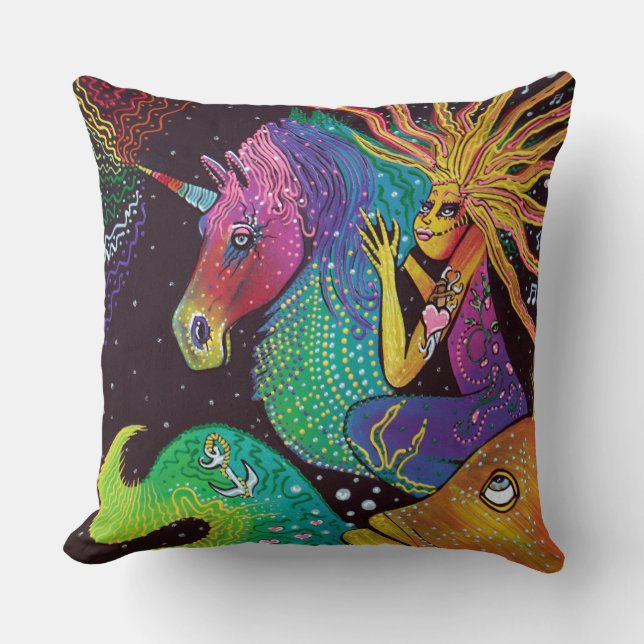 Coussin Sirène de licorne d'arc-en-ciel (Recto)