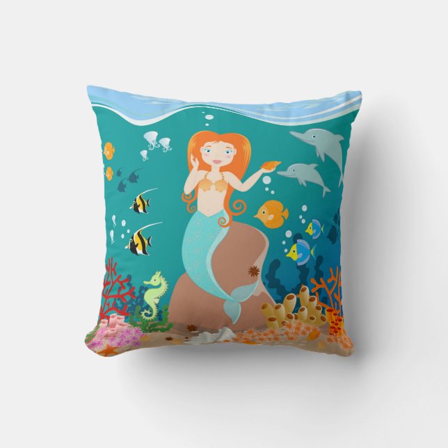 Coussin Sirène et dauphins sous la mer fête d'anniversaire (Recto)