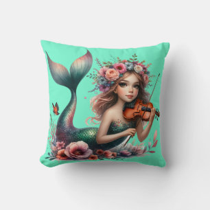 Coussin "Sirène Jouant Violon - Art Sous-Marin Whimsical"
