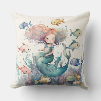 Coussin Sirène lunaire sous l'aquarelle des poissons de me
