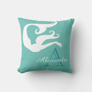 Coussin Sirène personnalisée Blanc Turquoise bleu monogram