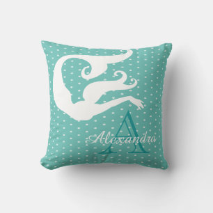 Coussin Sirène personnalisée Blanc Turquoise bleu monogram