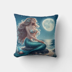 Coussin Sirène sur la plage la nuit