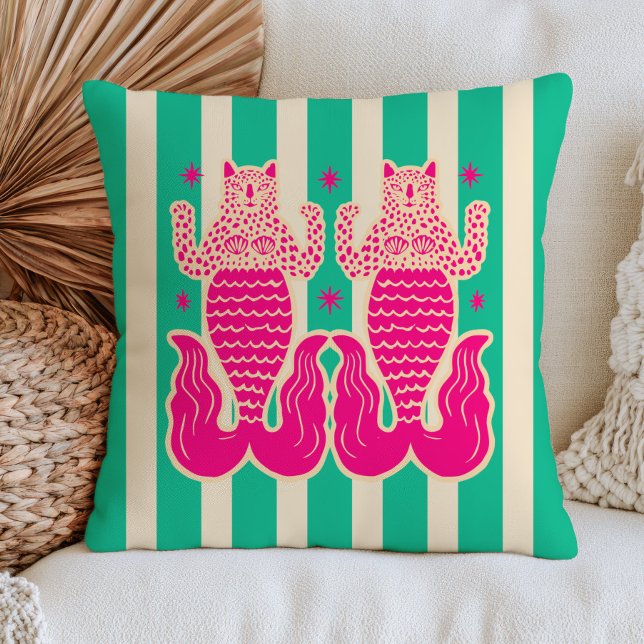 Coussin Sirènes Léopard Rose sur Thème Marin à Rayures Ver (Créateur téléchargé)