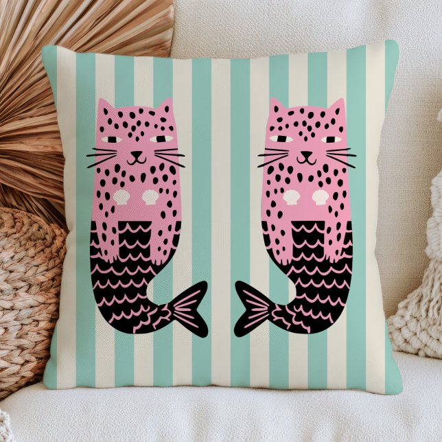 Coussin Sirènes léopard sur motif rayé nautique fantaisist (Créateur téléchargé)