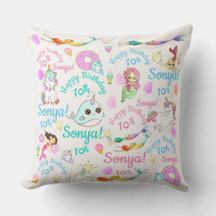 Coussin Sirènes, Narwhal, crème glacée, beignets, bonbons 
