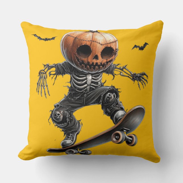 Coussin 🎃 Skateur à Tête de Citrouille (Recto)