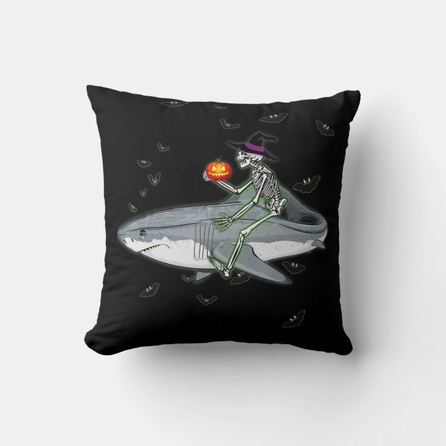 Coussin Skeleton Riding Shark - Amusant cadeau Halloween S (Recto)
