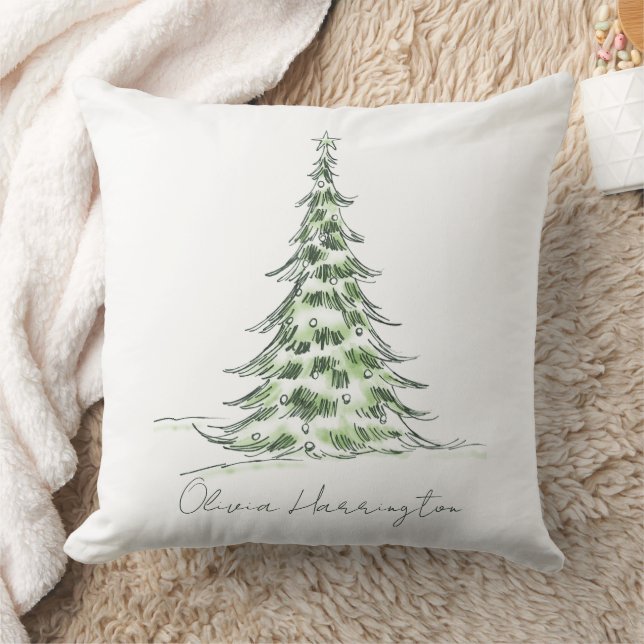 Coussin Sketch Pine sapin de Noël Nom du script minimal (Couverture)