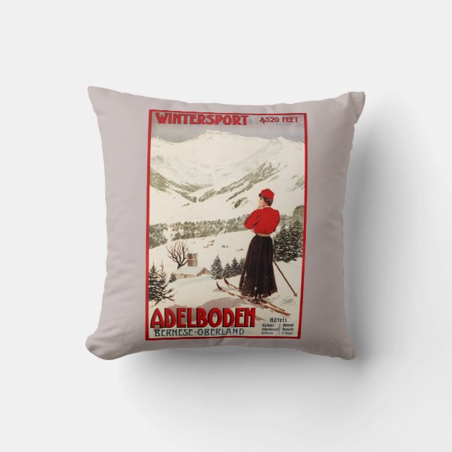 Coussin Skieur de femme donnant sur l'affiche d'Adelboden (Recto)