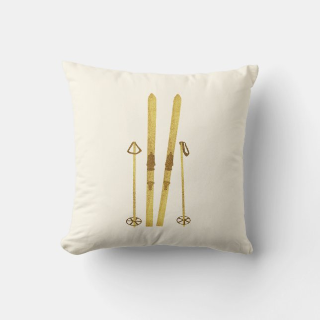 Coussin Skis Et Poles D'Or | Retro Ski Illustration (Recto)
