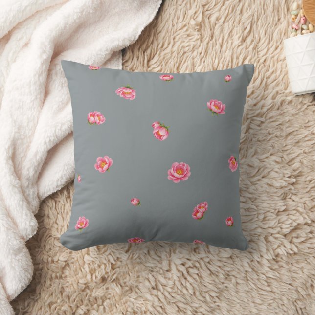 Coussin Slate Gray Japanese Winter Peony Floral Pattern (Couverture)