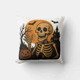 Coussin Smiling Skeleton with Pumpkin and Full Moon – Spoo