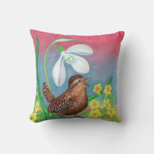 Coussin Snowdrop & wren oiseau convoquer la pépinière de p