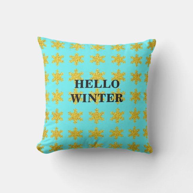 Coussin Snowflake Motif Typographie d'hiver Bleu Golden (Recto)