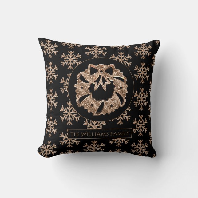 Coussin Snowflakes Christmas Wreath Elegant Noir et Or (Recto)