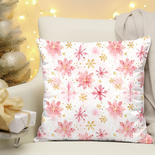 Coussin Snowflakes minimalistes d'hiver rose et or