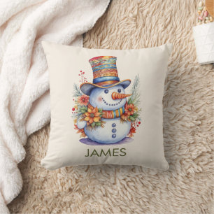 Coussin Snowman coloré dans l'aquarelle Motif Casquette Fe