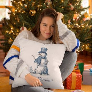 Coussin Snowman dans Delft Blue, personnalisable