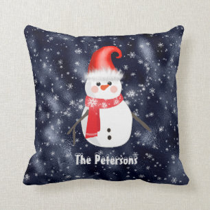 Coussin Snowman de Noël sur Dark Blue Snowy Arrière - pl
