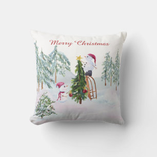 Coussin Snowman décorant l'arbre de Noël Scène d'hiver