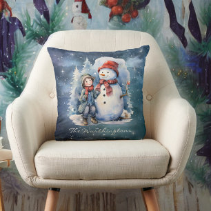 Coussin Snowman et garçon avec Écharpes Starry Night Monog