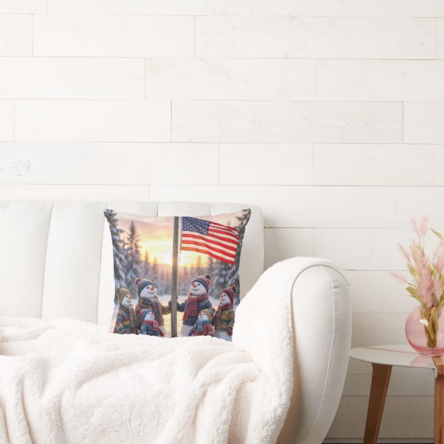 Coussin Snowman Family Gathering Around a Flagpole (Canapé)