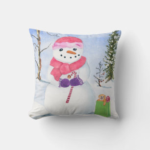Coussin Snowman foulard rose canne à bonbons paysage d'hiv
