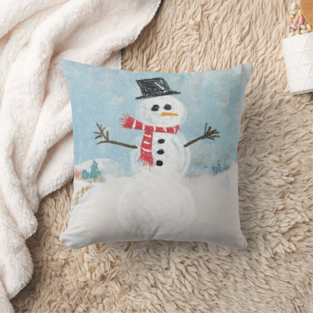 Coussin Snowman Scène Vacances Noël Plaid Mignonne Hiver (Couverture)