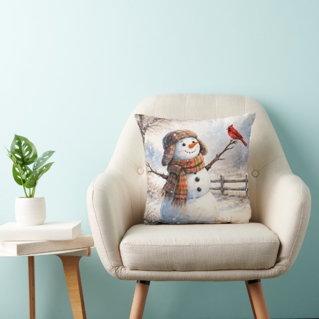 Coussin Snowman With Red Cardinal Bird (Chaise)