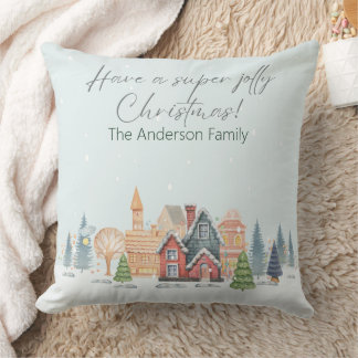 Coussin Snowy Christmas Village Watercolor Scene
