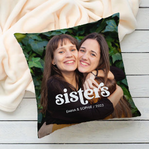 Coussin Soeurs   Boho Texte superposé avec deux photos
