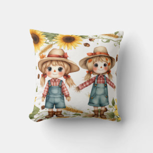 Coussin Sœurs Épouvantails de Ferme Automnale Pleine de Ch