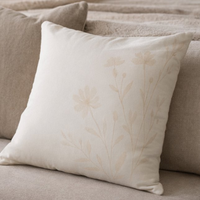 Coussin Soft Ivory Florals Throw Pillow (Muted gray and peach-beige florals designed for serene bedrooms and reading corners)