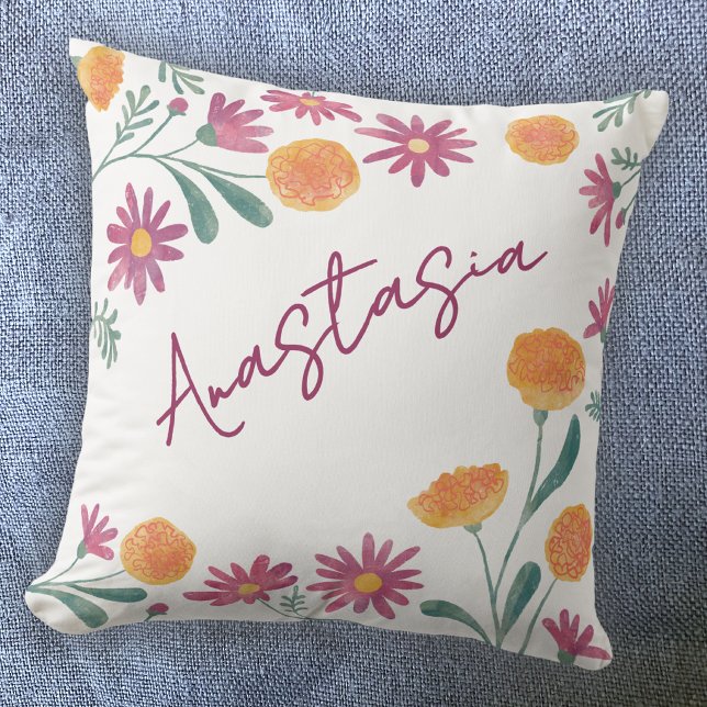 Coussin Soin de naissance d'octobre Marigold Cosmos Person (October birthday personalized birth month flower marigold cosmos floral watercolor throw pillow gift)