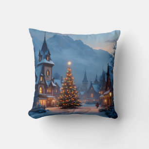 Coussin Soir enneigé sur la place – Scène de village de va