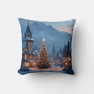 Coussin Soir enneigé sur la place – Scène de village de va