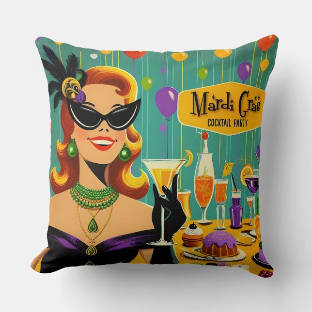 Coussin Soirée Cocktail Rétro Mardi Gras des Années 50 (Recto)