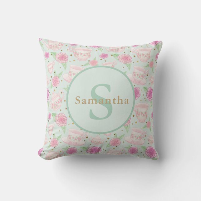 Coussin Soirée Tea vert à la menthe Monogramme personnalis (Recto)