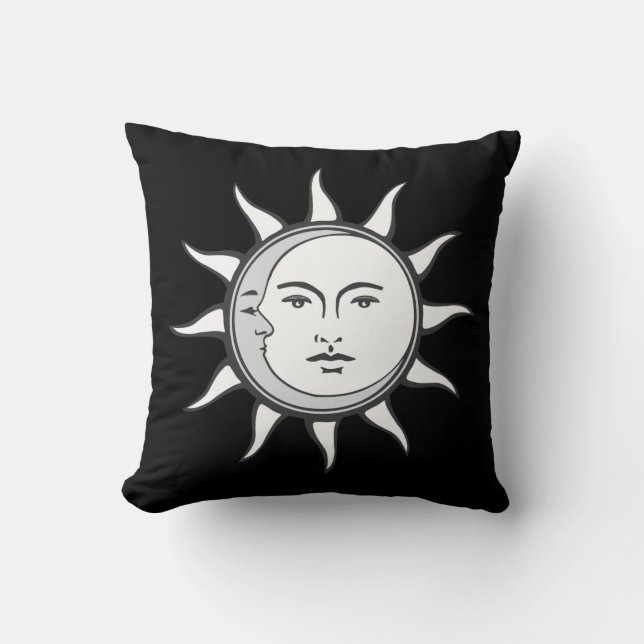 Coussin Soleil blanc et lune d'argent sur fond noir (Recto)