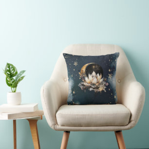 Coussin Soleil d'or céleste, Lune, Etoiles Lotus Ciel de n