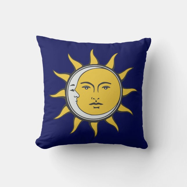Coussin Soleil doré et lune d'argent sur bleu marine (Recto)