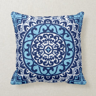 Coussin Soleil du Sud-Ouest Mandala, bleu marine et blanc