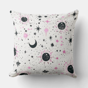 Coussin Soleil Lune Étoiles Célestes Noir et Rose