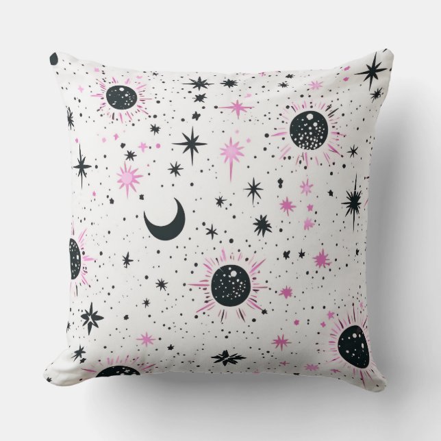Coussin Soleil Lune Étoiles Célestes Noir et Rose (Recto)